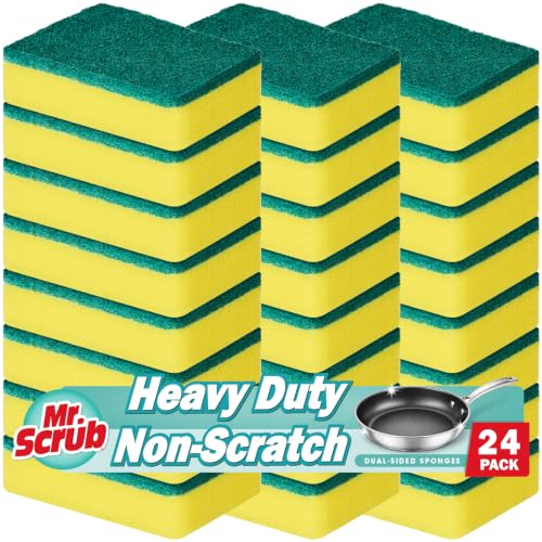 Image of Mr. Scrub Sponges Kitchen Scrub Dish Sponge Scouring Pad, 24 Pack Cleaning Brush Scrubber Supplies for Soap, Dishwashing Dinnerware Sets Pan Pot Towels Cloth Rags Holder Glass Dishwasher Sink Bathroom