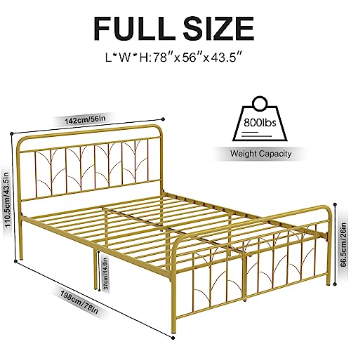 Saudism Full Size Bed Frame Gold, 14.6" Full Platform Metal Bed Frame, Mattress Foundation With Victorian Style Iron-Art Headboard, Easy Assembly, Sturdy And Durable, No Box Spring Needed, Gold #TOP1