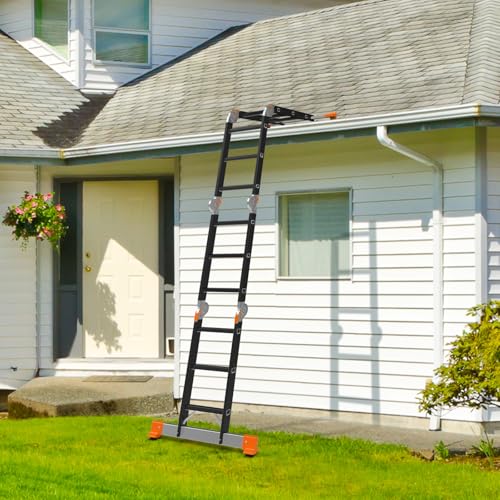 AMHANCIBLE Ladder, Multi-Purpose Folding Ladder, Aluminium Household Ladder With Two Safety Platforms, 4 x 3 Steps, 6-in-1, 340 cm Long, Support up to 150 kg, TÜV/GS certified, Orange UBAL01RN 6 AMHANCIBLE Ladder, Multi-Purpose Folding Ladder, Aluminium Household Ladder With Two Safety Platforms, 4 x 3 Steps, 6-in-1, 340 cm Long, Support up to 150 kg, TÜV/GS certified, Orange UBAL01RN - Image 6