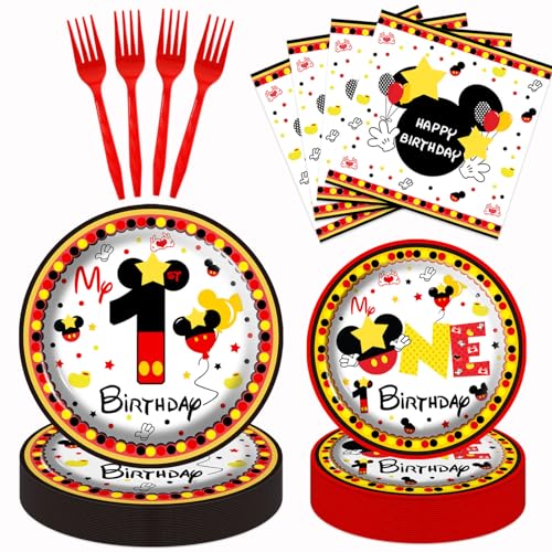 XXDecor 80 Pcs Red Cartoon 1st Birthday Party Plates - Boys One Birthday Dessert Plates Napkins Forks Tableware Kit for Boys 1st Bday Party Decorations Supplies (20 Guests)