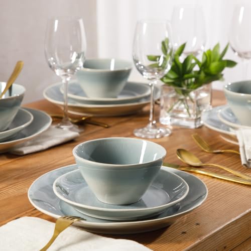 Image of Gibson Elite Plates and Bowls Set, 12 Piece Stoneware Dinnerware for 4 | River Delta Collection - Ceramic Dishes, Reactive Glaze Ombre Blue, Microwave Safe Dishware, Chip Resistant, Family Dining