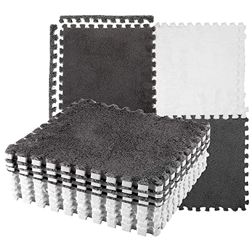 12Pcs Plush Puzzle Foam Floor Mat For Kids- Thick Interlocking Fluffy Tiles With Border Square Rug Split Joint Soft Climbing Carpet Mats Shaggy Area Rug For Room Floor(11.8 Inch, White & Grey) #TOP7