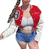 Yassiglia Damen Jacke Kurz Sweatjacke Baseball Jacke für Frauen College Jacke Mädchen Y2K Jacke Sportjacke Ohne Kapuze Vintage Bomberjacke S-XL (Rot, Small)