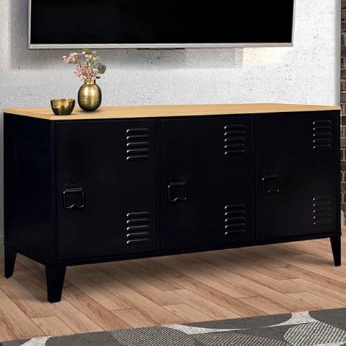 IDMarket – Aparador bajo Ester 3 puertas metal negro bandeja madera diseño industrial 113 cm