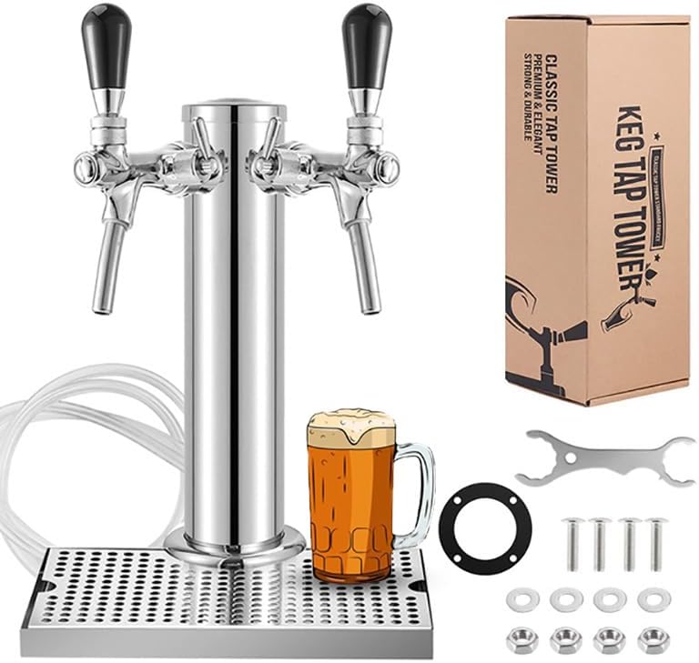 3" Dia. Stainless Steel Draft Beer Tower, Dual Faucet Kegerator Tower Beer Dispenser with Hose & Wrench, Brewing Bar Kit(Type 2)