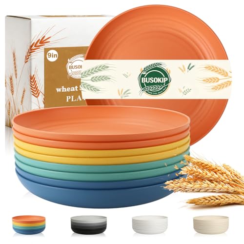 BUSOKIP Wheat Straw Plates Set for 8, Unbreakable & Lightweight Dinner Plates 9 Inch, Plastic Plates Reusable, Microwave and Dishwasher Safe Kitchen Plate for Outdoor, Camping, Picnic- Multi