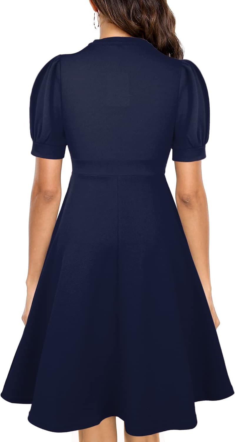 Mokayee Womens Summer Short Puff Sleeve Casual Semi-Formal Fit and Flare Church Wedding Guest Work Dresses with Pockets - Image 2
