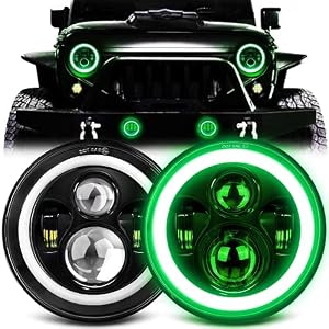 MGLLIGHT 7 Inch Green Halo LED Headlights for Jeep Wrangler