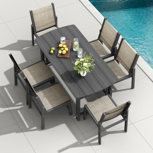 Image of HDPE Outdoor Patio Dining Set with Table & 6 Stackable Armless Textilene Chairs, All-Weather 7-Piece Dining Table Set with Umbrella Hole, Patio Furniture for Garden, Poolside, Backyard, Deck | Grey