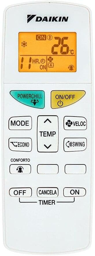 Daikin EcoSwing Gold air conditioner remote control with LCD display and function buttons.