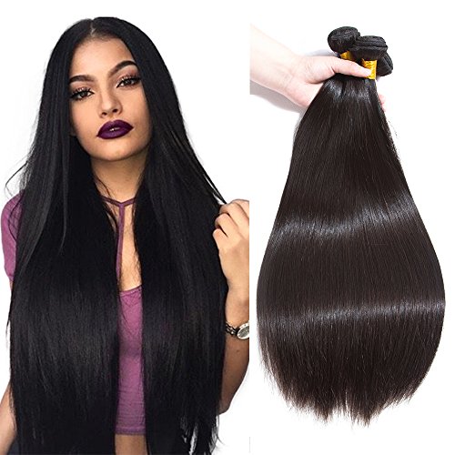 LuMei 8A Brazilian Virgin Human Hair straight hair 3 Bundles deal 100% Unprocessed Remy Hair Extensions Weave for black woman Natural black Color (12.14.16 inch)