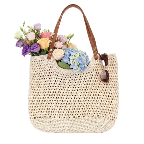Bolso de playa tejido a ganchillo, bolso tote bohemio para verano, color beige, de algodón tejido, para mujer, ideal para viajes, vacaciones y fiestas (13,8 x 3,9 x 13,8 pulgadas) miniatura 1