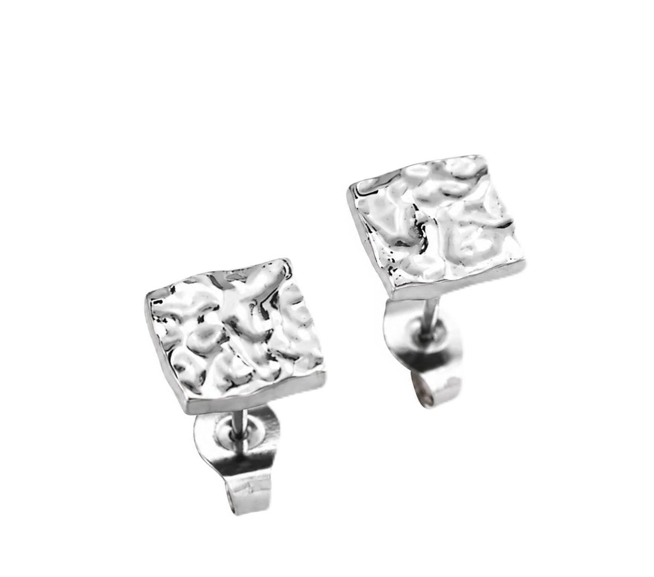 Men Silver Square Hammered Stud Earrings 304 Stainless Steel-image-40