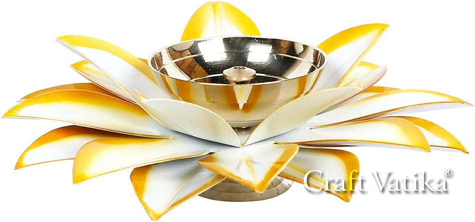 Collectible India Lotus Diyas for Puja Kamal Patti Brass Diya Oil Lamp Pooja Temple Home (White Yellow)