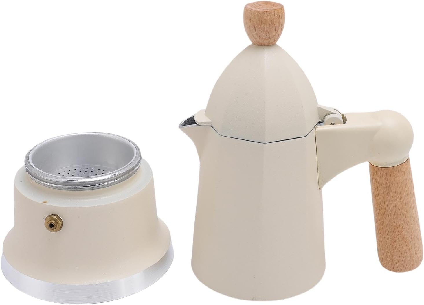 Stovetop Coffee Maker 3 Cups Single Valve Aluminum Alloy Percolator Coffee Maker Pot with Wooden Handle for Home Brewing Easy to Use & Clean (White)