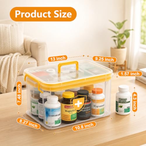 Image of 15QT Clear Medicine Organizer Box with Handle, Plastic Medicine Container with Tray First Aid Box Empty, Thickened Medicine Storage Organizer Multipurpose Medication Organizer Storage, Yellow