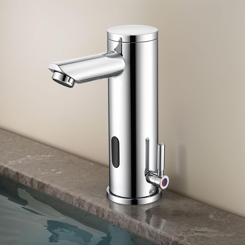 Rubinetto automatico per lavandino del bagno, senza tocco, con sensore di movimento, in ottone, con maniglia regolabile per controllo della temperatura, per uso domestico, commerciale e ufficio (corto