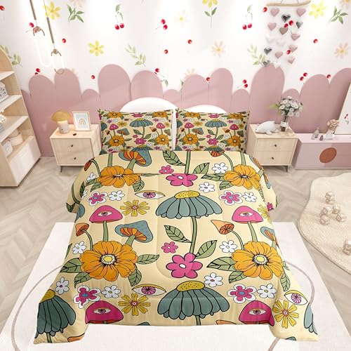 Castle Fairy 70s Retro Floral Comforter Set Full Size,Hippie Flowers