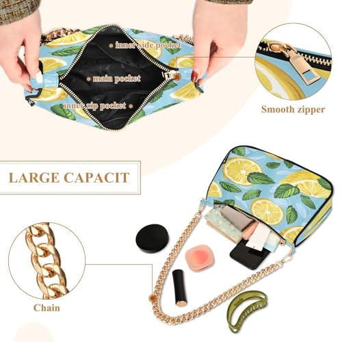 Image of Shoulder Bags for Women Vintage Yellow Lemon Fruit and Blue Print Hobo Tote Handbag Small Clutch Purse with Zipper Closure