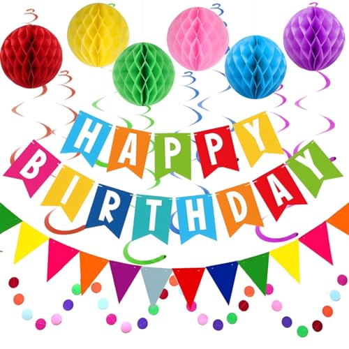 Birthday Decorations - Happy Birthday Banner with Honeycomb, Triangular Pennants, Circle Paper Garland, Hanging Swirls, Happy Birthday Party Decorations for Women Men