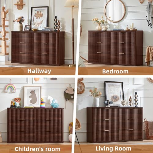 Image of LEYAOYAO Fluted 6 Drawers Dresser for Bedroom, 48 inch Wide Farmhouse Chest of Drawers with Metal Handle,Curved Profile Modern Closet Organizer Wood Dressers TV Stand for Living Room, Hallway,Walnut