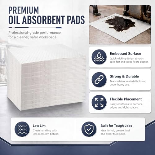 Image of Hoolerry 100 Pcs Oil Absorbent Pads Bulk Heavy Weight Dimpled Garage Absorbing Pad Water Absorbent Mat Trimmable Oil Spill Mat for Garage Floor Workshop Auto Fluid Cleanup (9.8 x 13 Inch,White)