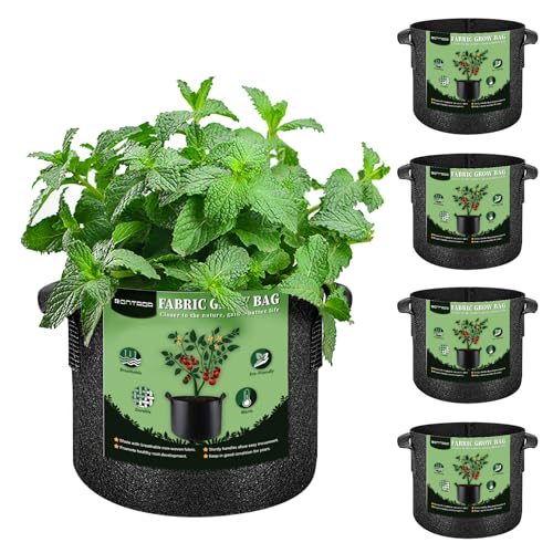 RONTADA 5-Pack 10 Gallon Grow Bags - 10 Gal Fabric Pots Cloth Pots Heavy Duty Nonwoven Plant Bag with Handles for Vegetable Tomato Potato Fruit Flower Garden Planting (Black)