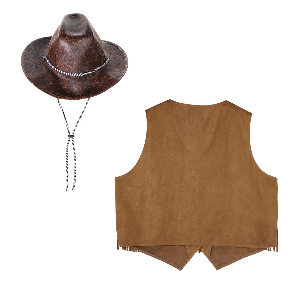 JNGUOSICN Western Cowgirl Costume Set for Women Fringe Vest Cowboy Hat 60s 70s Hippie Costume Clothes Open Front Sleeveless Waistcoat Jacket for Hippie Disco Carnival Halloween Party - Image 2