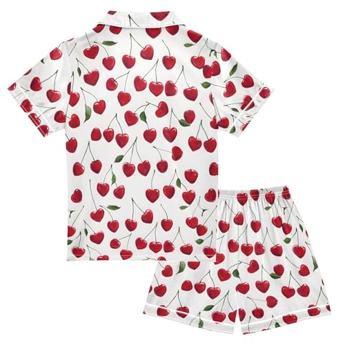 ALAZA Fruit Cherry Heart White Satin Pajamas Set Short Sleeve Button Down Sleepwear Summer Pjs 2 Piece2