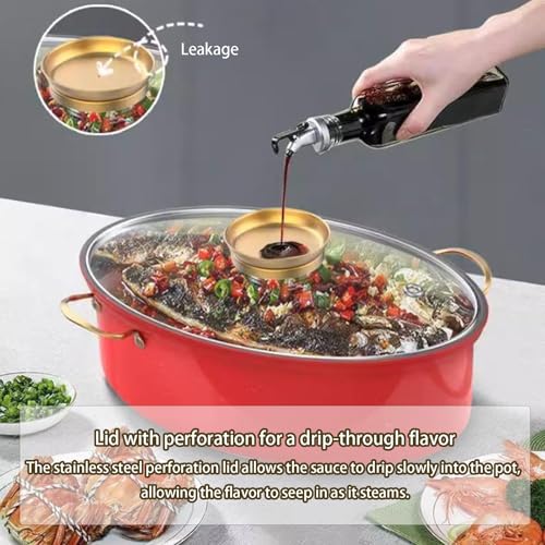 Pentola a vapore per pesce in acciaio inox, versatile per cuocere a vapore frutti di mare e arrostire tacchino, pentola ovale resistente con griglia, ideale per cucinare in casa (rosso)