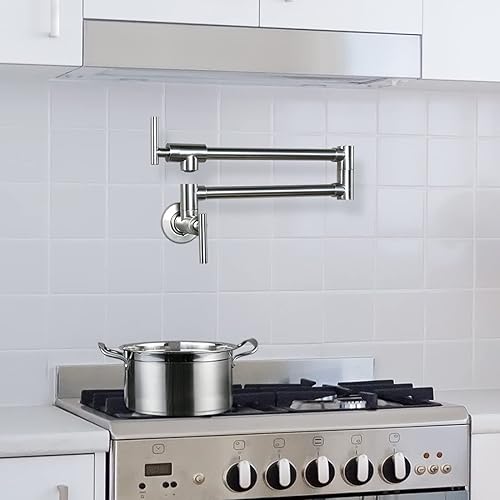 Miniatura 9 de WOWOW Grifo de llenado de ollas de níquel pulido, grifo de estufa comercial de montaje en pared, grifo plegable de latón para colocar sobre la