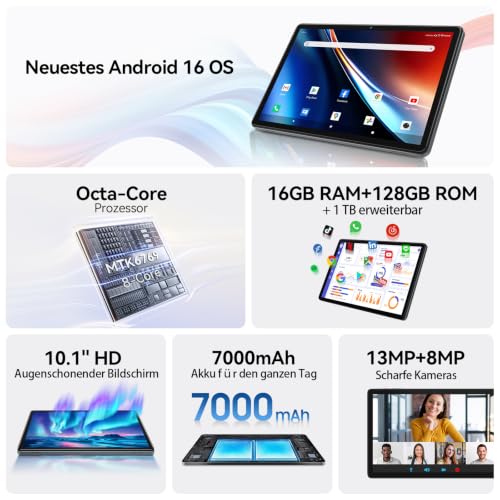 Tablet 10 Zoll Android 16 Octa-Core Tablet 16GB RAM + 128GB Tablets mit Tastatur Maus & Stift Gesichtsentsperrung 1280x800 HD 7000mAh WiFi… – Ansicht 2