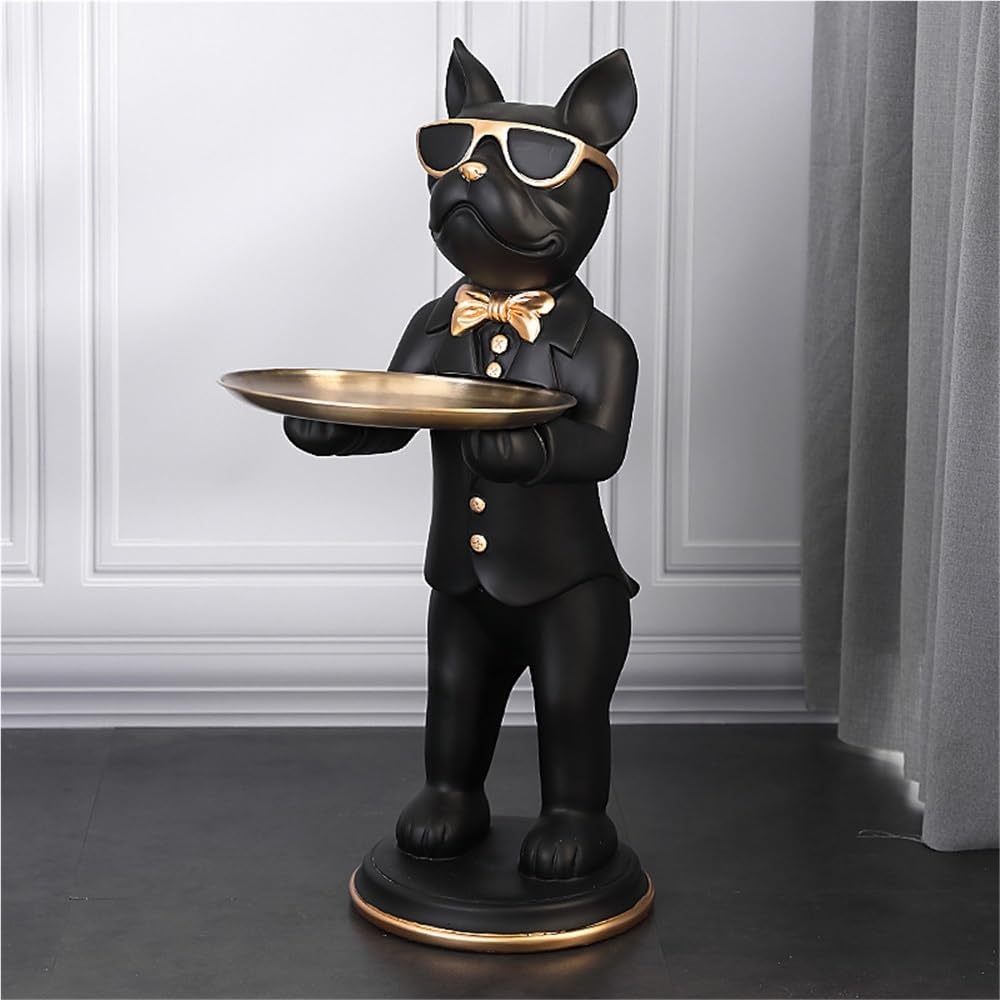 Floor-Standing Dog Statue Side Table with Tray, Floor Statues for Home Decor, Decoration Porch Ornaments with Key Tray, Dog Sculpture Statue for Living Room or Entryway(Black)