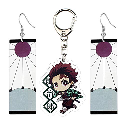 Bal Demon Slayer Tanjiro Earrings & Free Keychain | Tanjiro Anime Cosplay Hanafuda Earrings Halloween & Christmas Accessories | Gift Idea & Present with Giftbox,Metallic