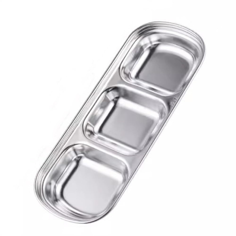 Assiettes À Dîner En Acier Inoxydable Soucoupe à tremper en acier inoxydable 2 compartiments 3 compartiments 4 compartiments(Silver,20.5x8cm)