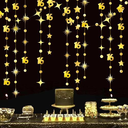 Image of Gold 16th Birthday Decorations Number 16 Circle Dot Twinkle Star Garland Metallic Streamer Banner Backdrop for Girls Boys Happy 16th Birthday Sweet Sixteen Anniversary Cheers to 16 Years Party Decor