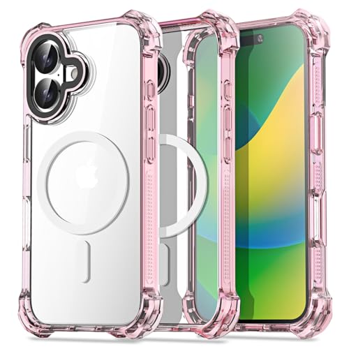 AICase Bounce Funda para iPhone 16 Transparente Rosa Compatible con MagSafe, A Prueba de Golpes Impacto [21.3 FT Protección Militar contra Caídas] Funda Magnética Anti-Rasguños con mag Safe