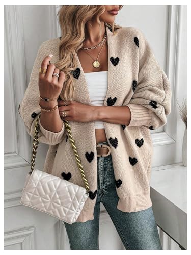 Women's Open Front Heart Print Cardigan Sweater Shawl Collar Long Sleeve Drop Shoulder Sweaters Knit Tops3