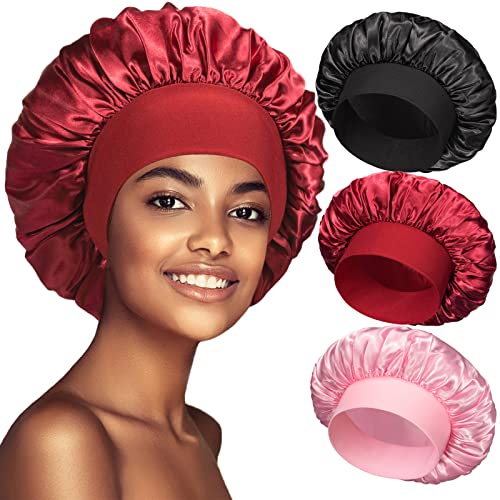 PHILIGHTS - 3 Pack Satin Bonnet Silk Hair Bonnet for Sleeping, Sleep Bonnets for Women Large Wide Soft Band Sleep Cap for Curly Hair Braids - -9%