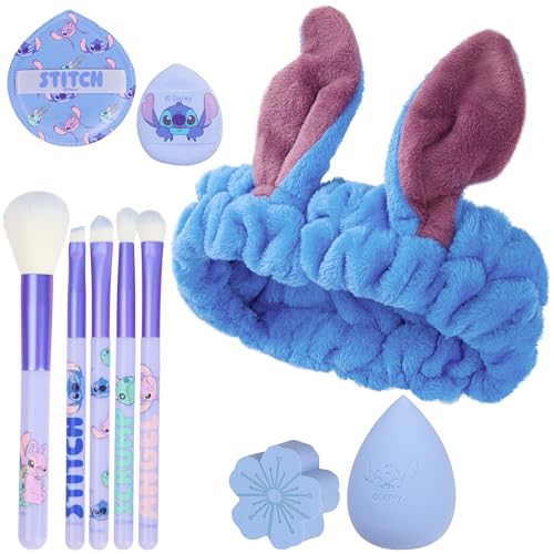 Image of Get Trend Disney Stitch Makeup Brush and Sponge Set for Girls, Teens with Headband Powder Puffs Soft Brushes and Beauty Sponges, Gifts for Girls (Blue Stitch)
