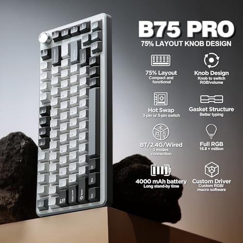 Image of YUNZII B75 PRO Wireless Mechanical Keyboard,75% Layout with Knob,Hot Swap Gasket Custom Structure,Creamy Pre-lubed Switches,RGB Backlit,Bluetooth /Type-C /2.4G for Win /Mac(Cocoa Cream V2 Switch,Grey)