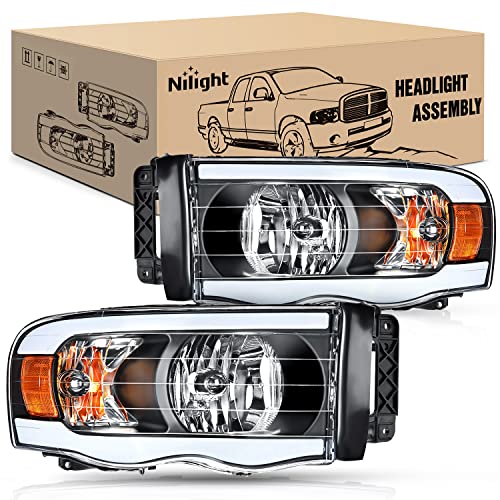 Nilight Headlights Assembly Led DRL for 2002-2005 Dodge Ram 1500/2003 2004 2005 Dodge Ram 2500 3500 Headlamp Black Housing Amber Reflector