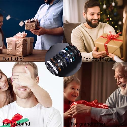 FIRAZIO 10 Pcs Tiger Eye Bracelet For Men 8MM Natural Stone Beads Bracelet Set Stretch Lava Rock Bracelets Adjustable Black Crystal Beaded Bracelet for Men Women Gifts4