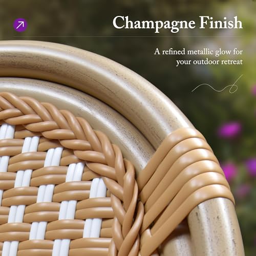 Image of PURPLE LEAF Patio Dining Chair Set of 1 Outdoor French Aluminium Frame in Champagne Finish with Amber & White Woven Rattan for Indoor Kitchen Deck Bistros Cafe Restaurant
