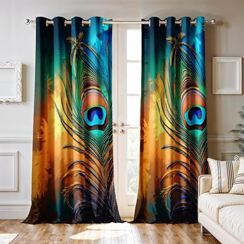 Image of Ultimate Trends Room Darkening Digital Printed Peacock Prints Curtain 65-70% Opacity,Diamond Eyelets, Tie Back, 8 FEET Pack of 1,Teal, Amber & Gold