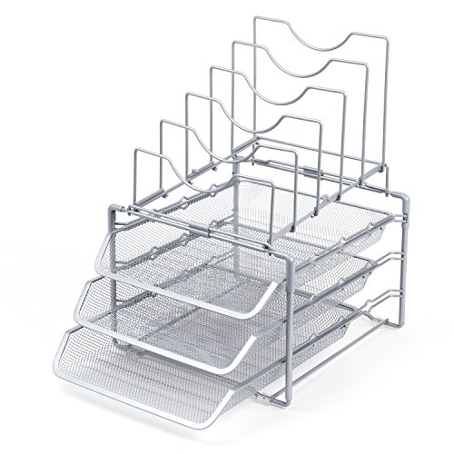 Seville Classics 3-Tier Stacking Mesh Desk Organizer 5 Vertical File Sorter 3 Locking Sliding Letter Tray Non Slip Desktop Storage, Satin Pewter