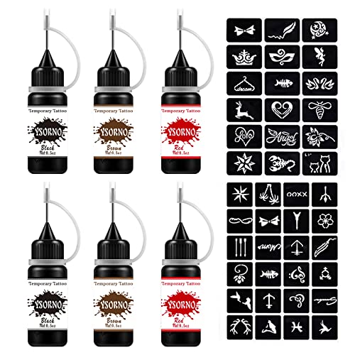 Temporary Tattoo kit Semi Permanent Tattoo Jagua Gel Freehand Ink 48PCS Free Tattoo Stencils DIY Tattoo Fake Freckles for Women Kids Men ,Full kit 3 Colors Black/Red/Brown
