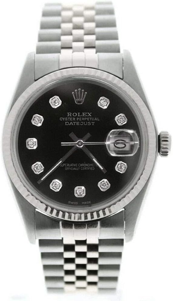 Rolex Men's Datejust 16014 Jubilee Band Custom Added Black Diamond Dial 18k Gold Fluted Bezel (Certified Preowned)