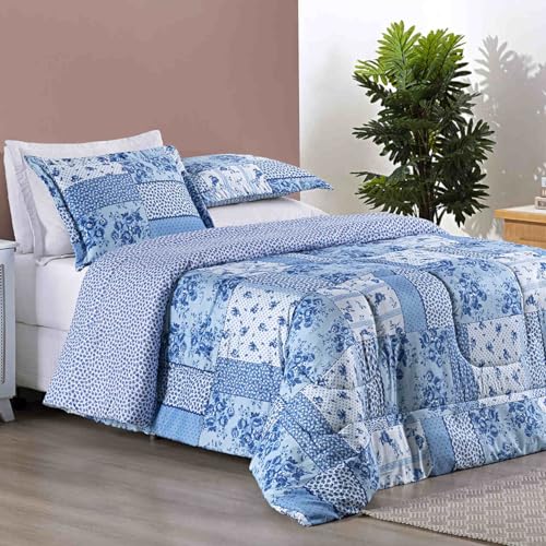 Edredom Ayla Casal King Tecido Dupla Face Microfibra 03 Peças - Azul Sereno