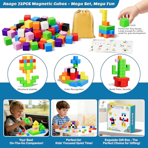 Image of 72pcs Magnetic Blocks for Kids, Magnetic Building Cubes for Toddlers 3-5, Preschool STEM Educational Sensory Montessori Square Toy for 3 4 5 6 Boys & Girls 72pcs